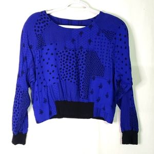 Vintage Carole Little Women's Blue Black Cropped Top Long Sleeves